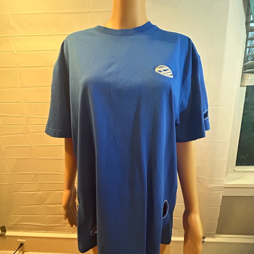 ADER ERROR Royal Blue Cotton T-Shirt with Embroidered Cutouts and Logo Patch